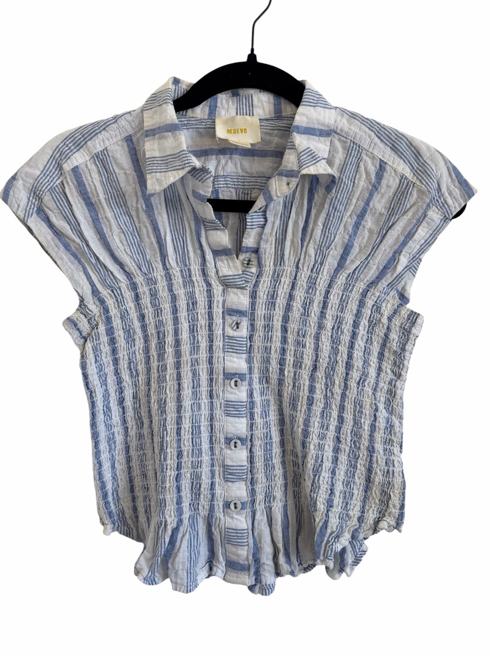 Maeve Bellamy Button Down Smocked Stripe Blue & White - Picture 3 of 10